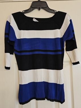 Josephine Chaus Petite Striped Knit Top in Black, White & Royal Blue